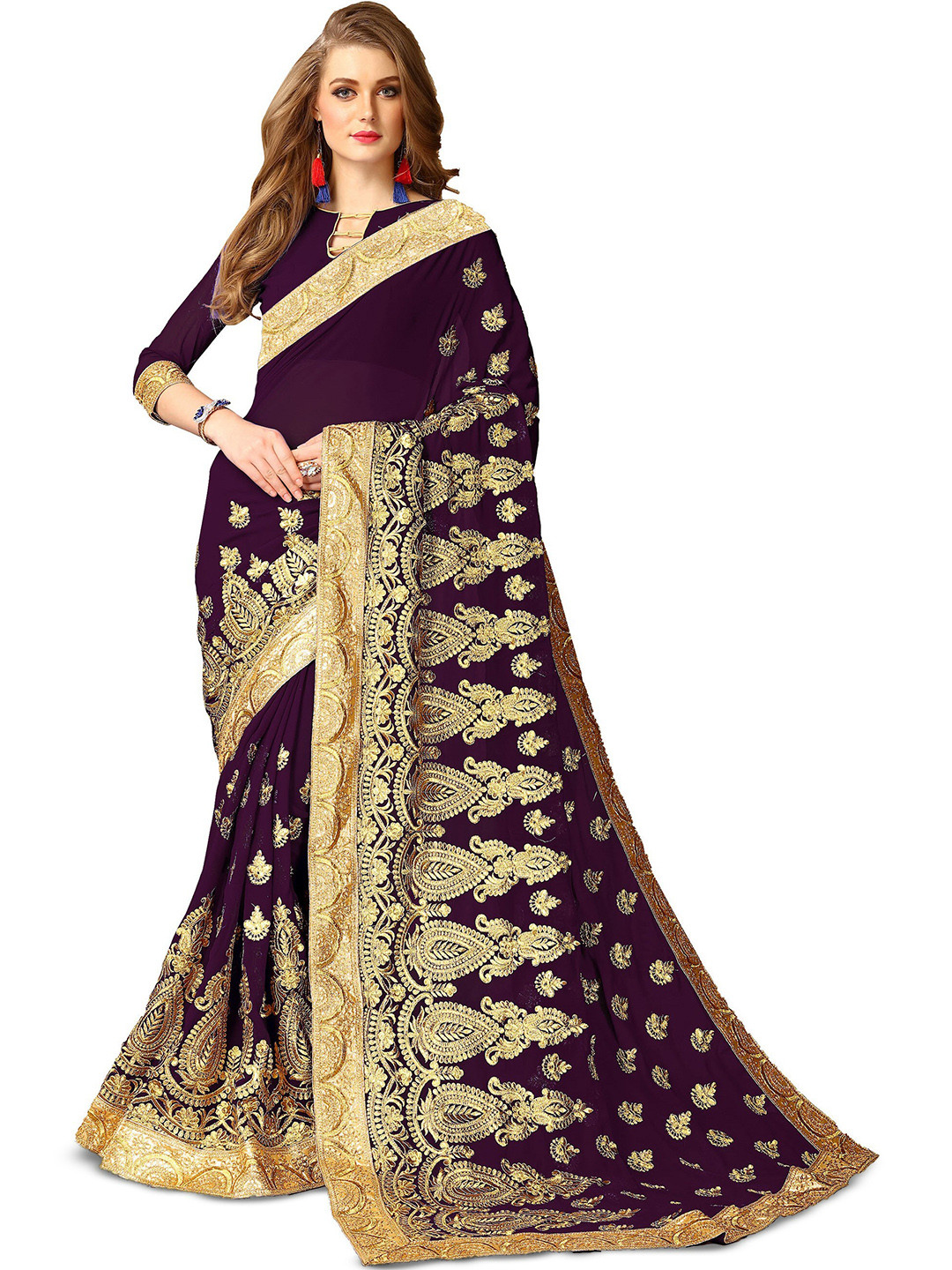 

Kedar Fab Floral Embroidered Saree, Purple