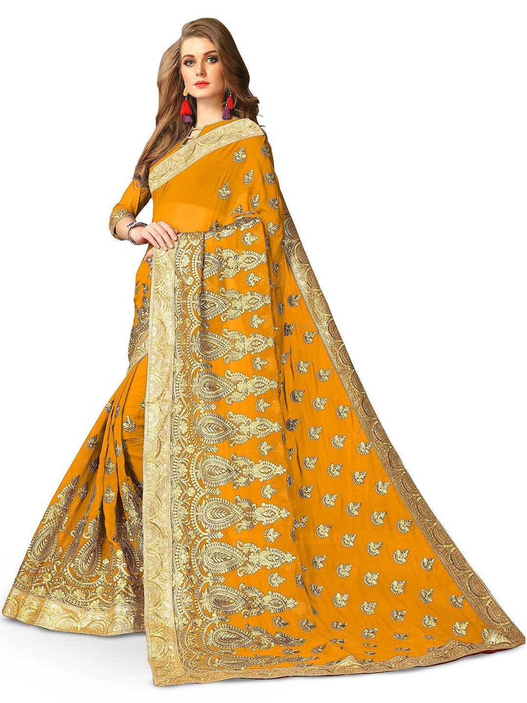 

Kedar Fab Ethnic Motifs Embroidered Saree, Yellow