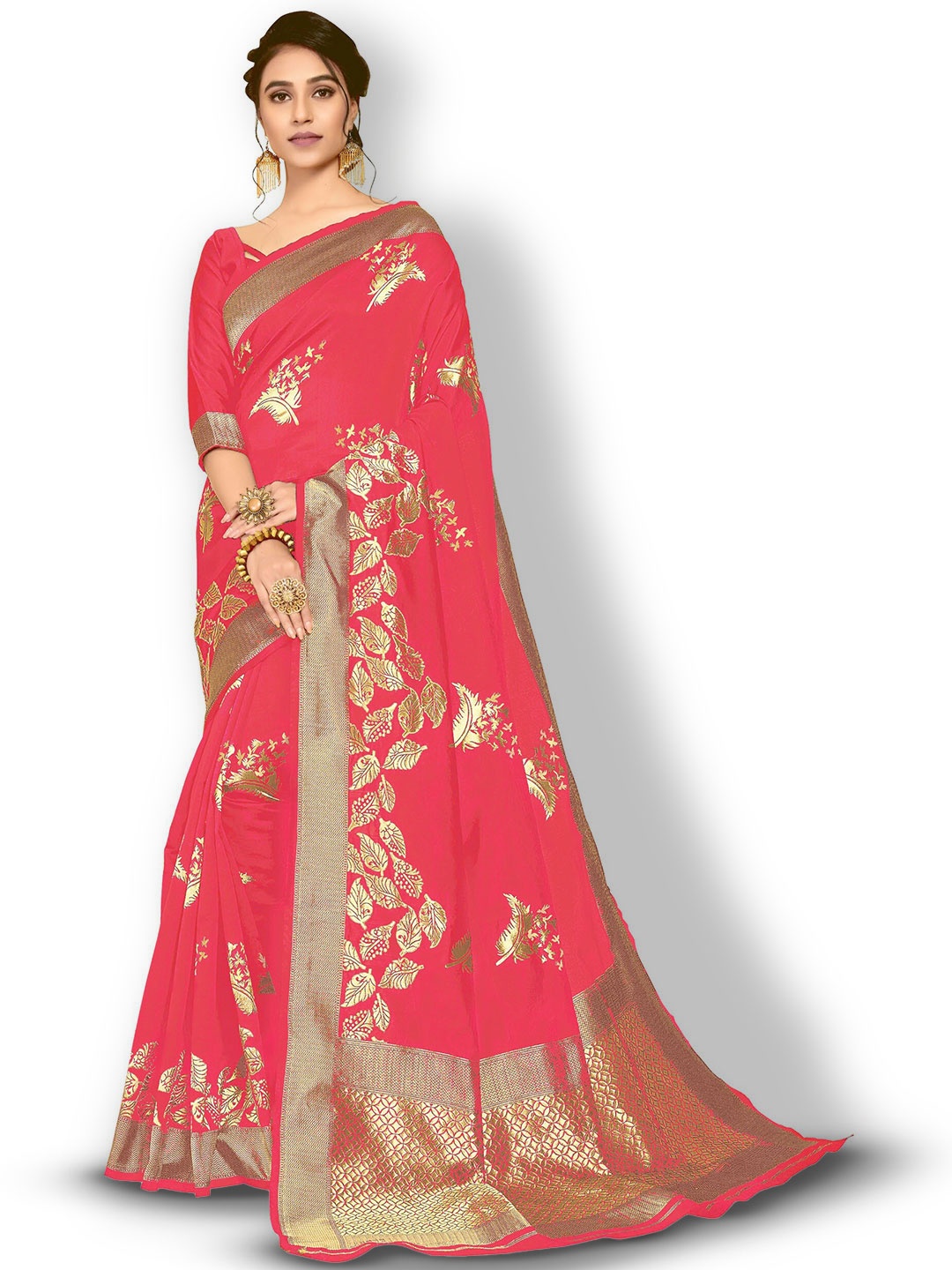 

Kedar Fab Ethnic Motifs Zari Silk Blend Saree, Pink