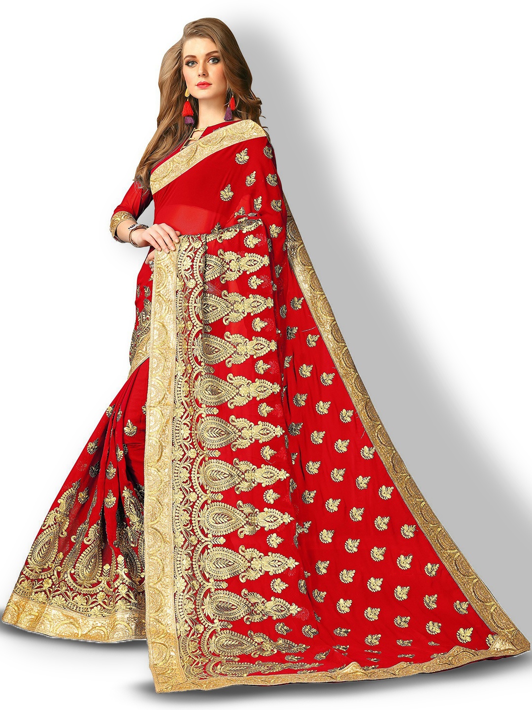 

Kedar Fab Ethnic Motifs Embroidered Saree, Red
