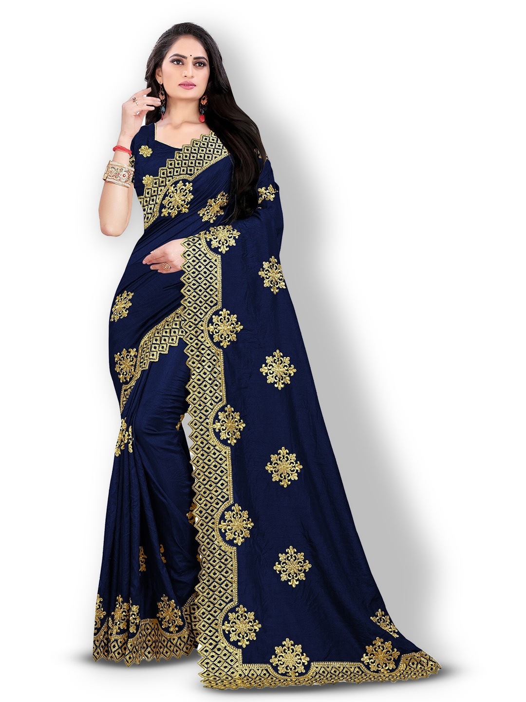 

Kedar Fab Ethnic Motifs Embroidered Saree, Navy blue