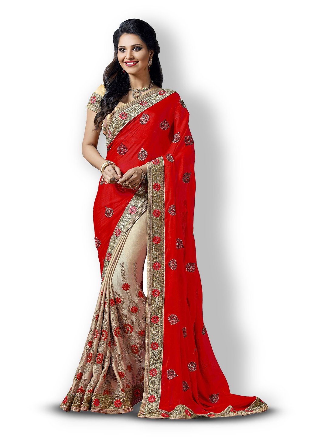 

Kedar Fab Ethnic Motifs Embroidered Half and Half Saree, Red