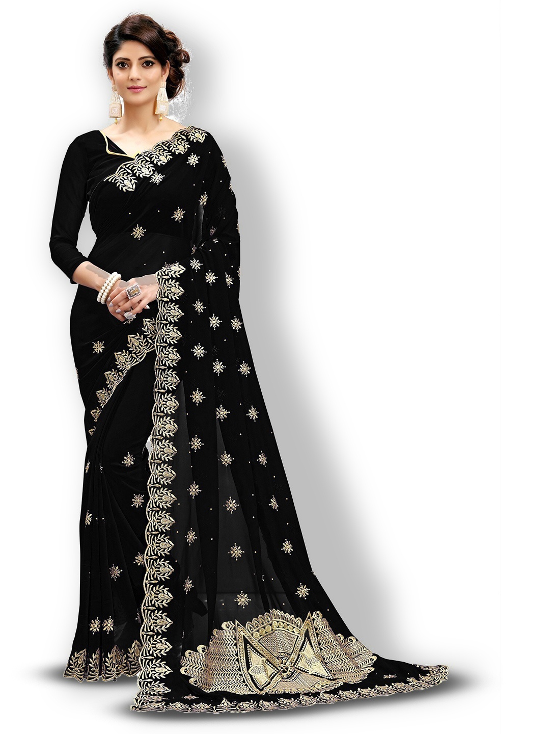 

Kedar Fab Ethnic Motifs Embroidered Saree, Black