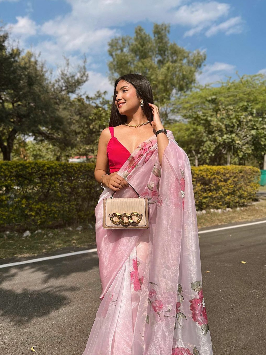 

Kedar Fab Floral Beads and Stones Organza Saree, Pink
