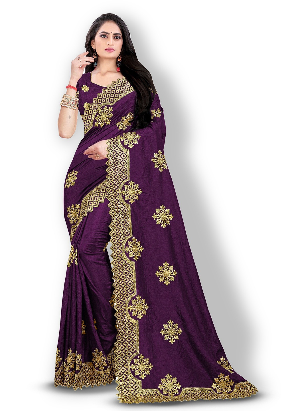 

Kedar Fab Ethnic Motifs Embroidered Silk Blend Saree, Purple