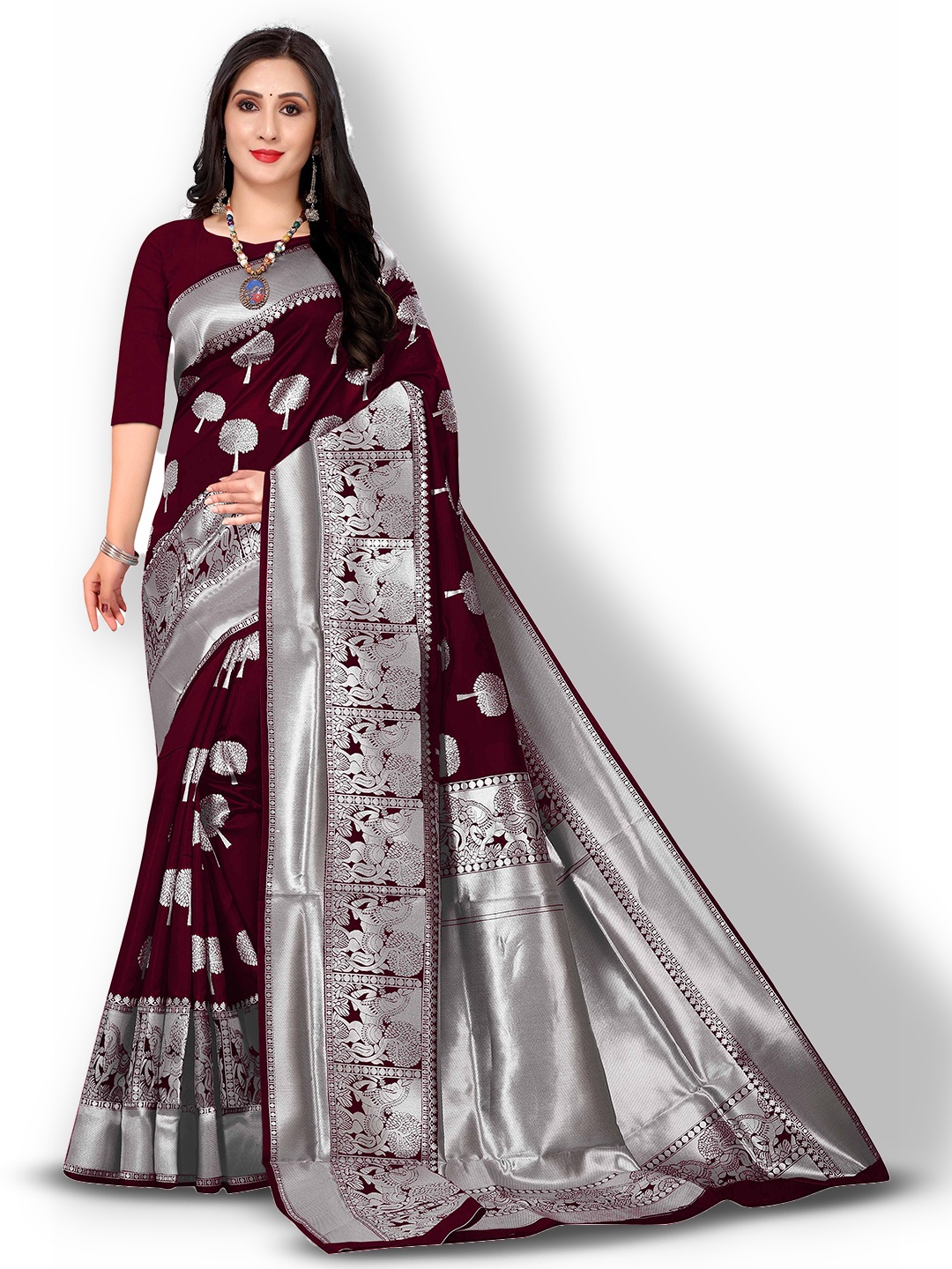 

Kedar Fab Floral Woven Design Zari Saree, Maroon