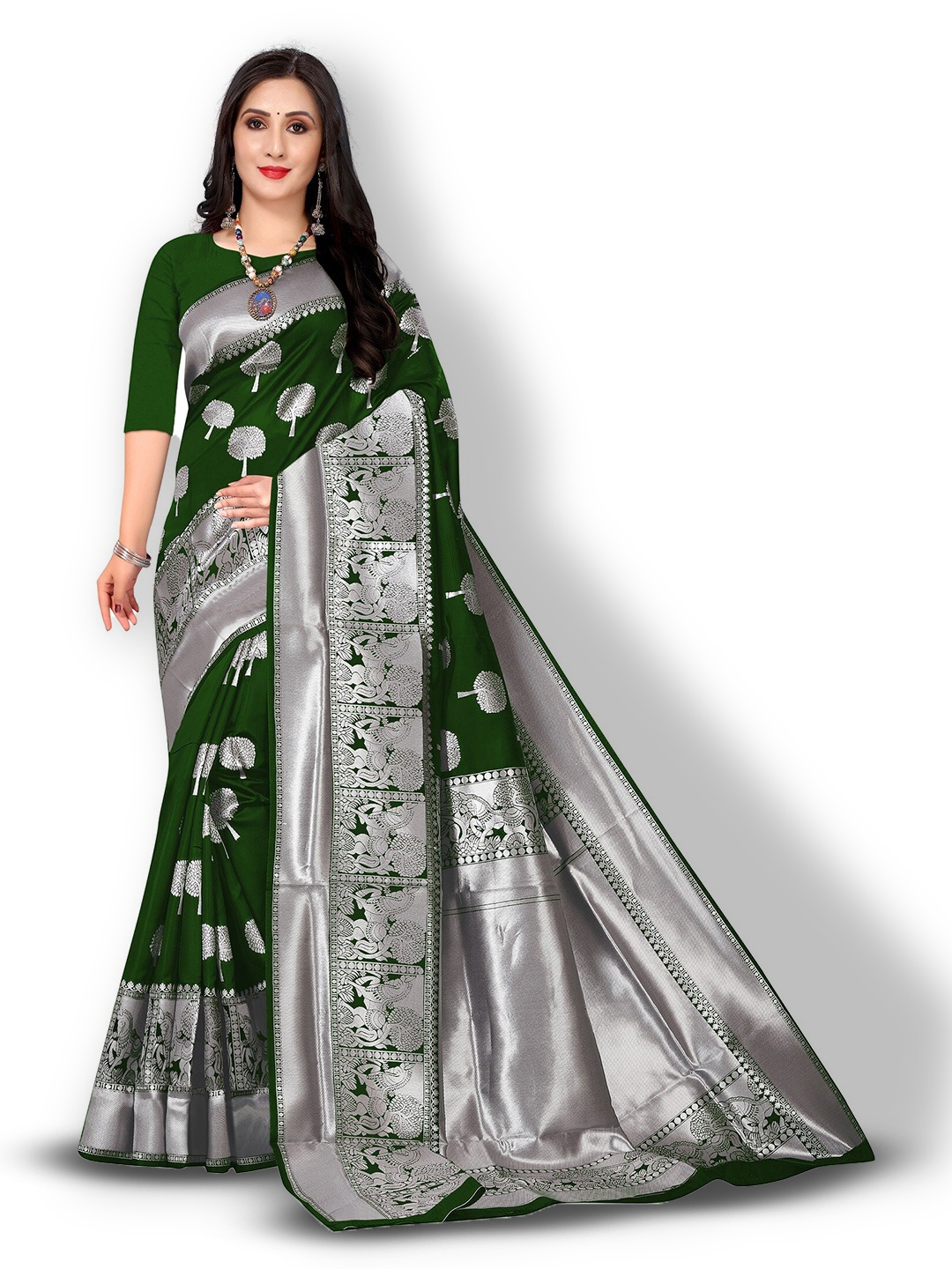 

Kedar Fab Ethnic Motifs Woven Design Zari Saree, Green