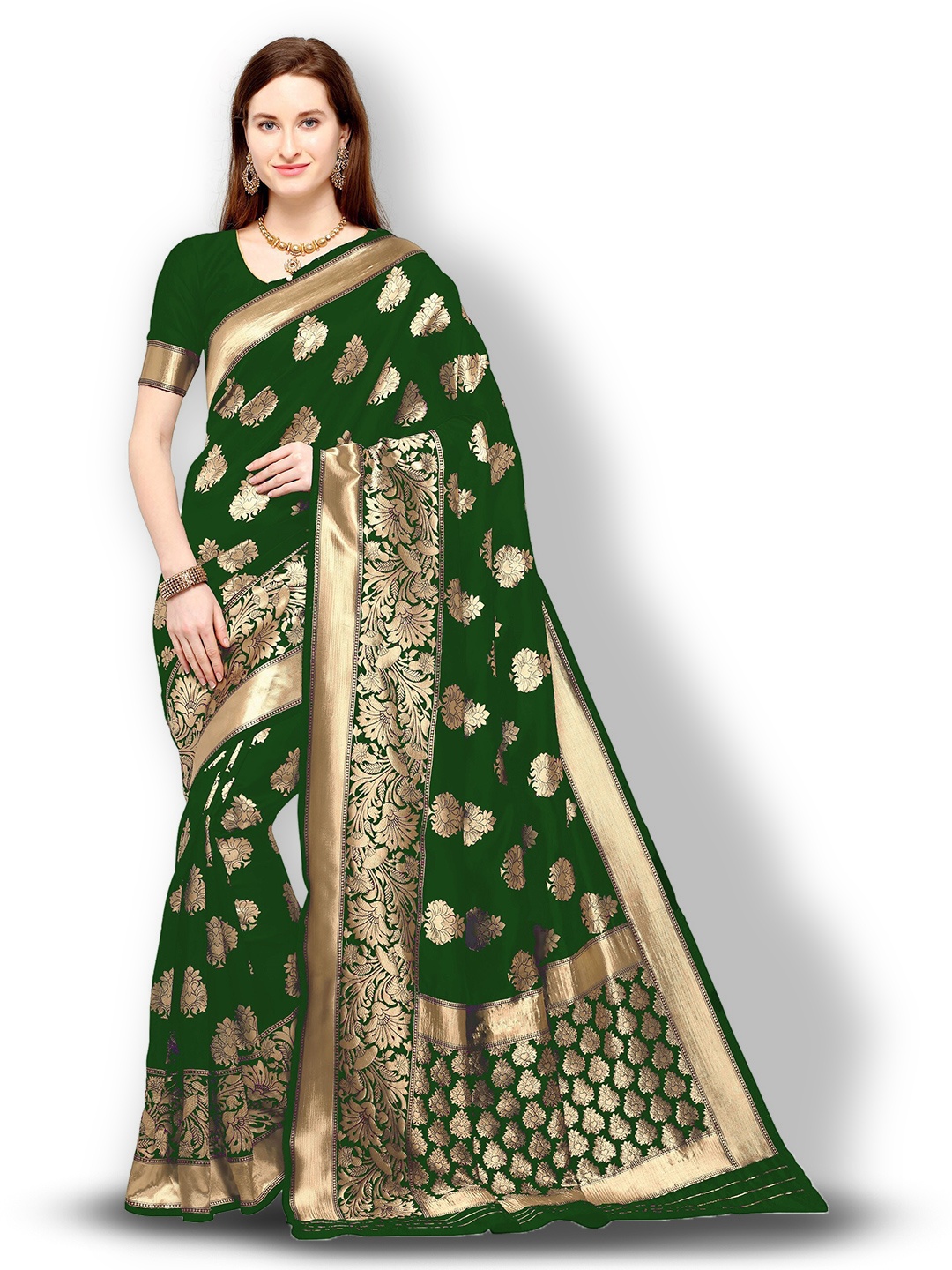 

Kedar Fab Ethnic Motifs Woven Design Zari Saree, Green