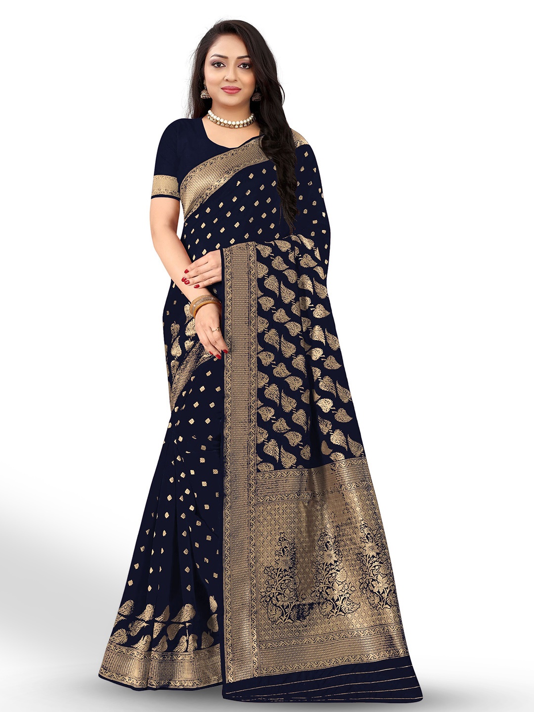 

Kedar Fab Navy Blue & Gold-Toned Woven Design Zari Silk Blend Saree