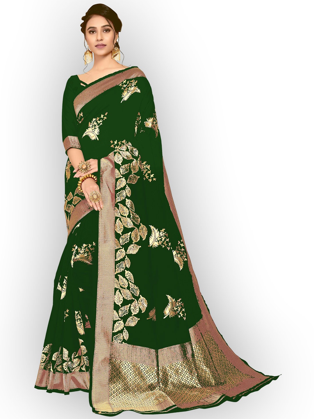 

Kedar Fab Floral Printed Zari Saree, Green