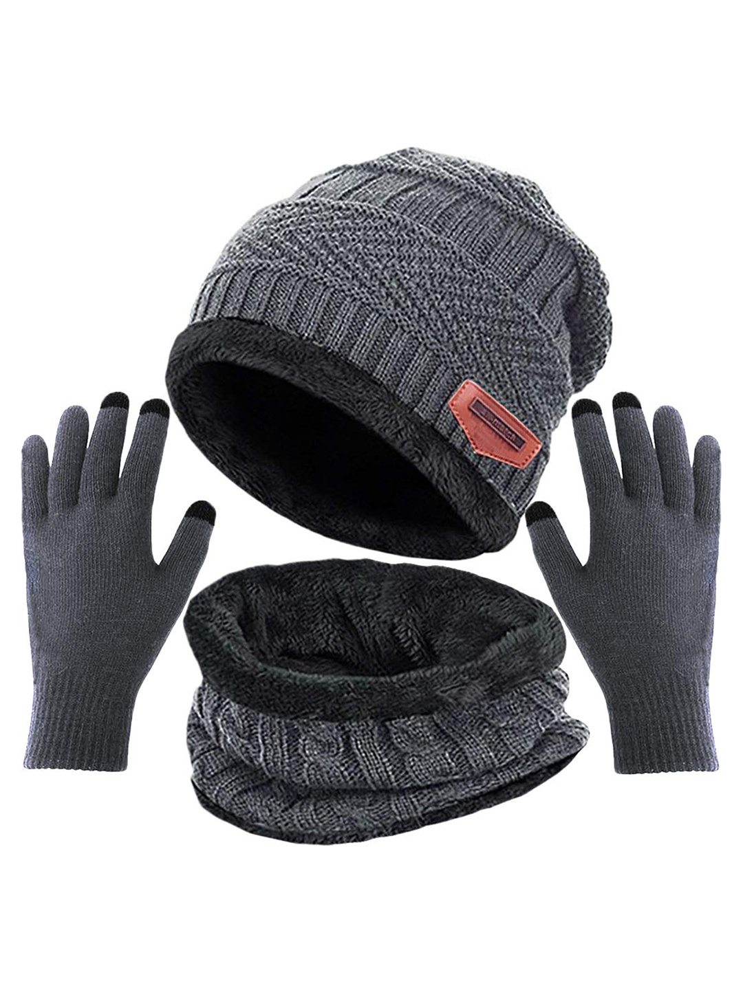 

Aadikart Women Self Design Wool Beanie & Neck Scarf With Gloves, Grey