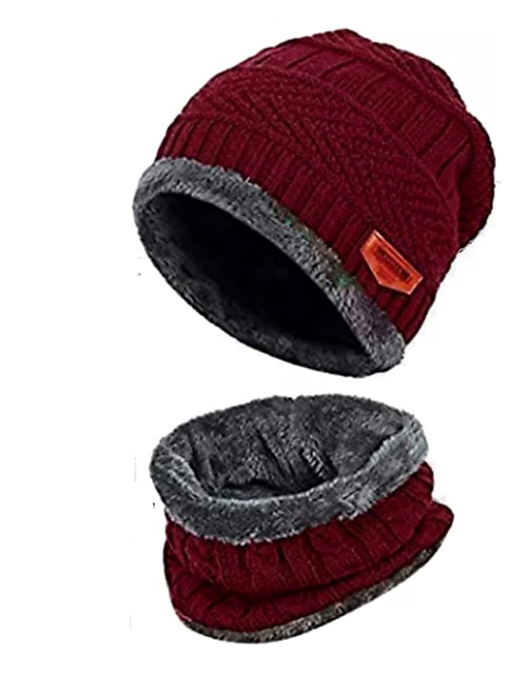 

Aadikart Women Self Design Fleece Lined Wool Beanie & Neck Scarf, Red