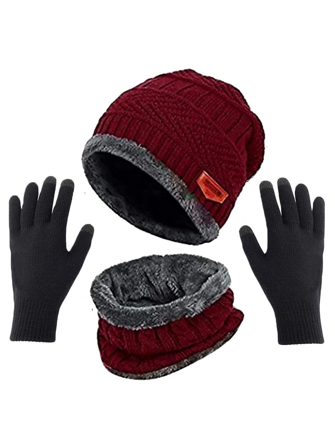 

Aadikart Women Self Design Wool Beanie & Neck Scarve With Gloves, Red