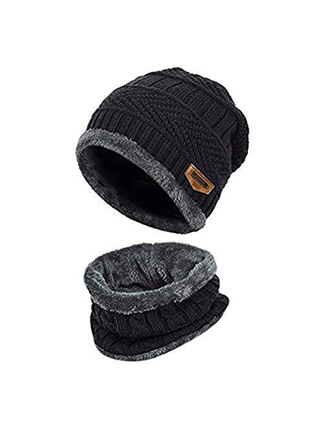 

Aadikart Women Self Design Fleece Lined Wool Beanie & Neck Scarve, Black