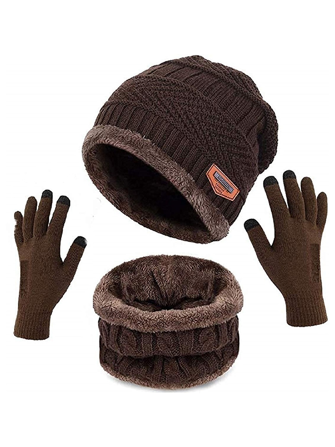 

Aadikart Women Self Design Wool Beanie & Neck Scarve With Gloves, Brown