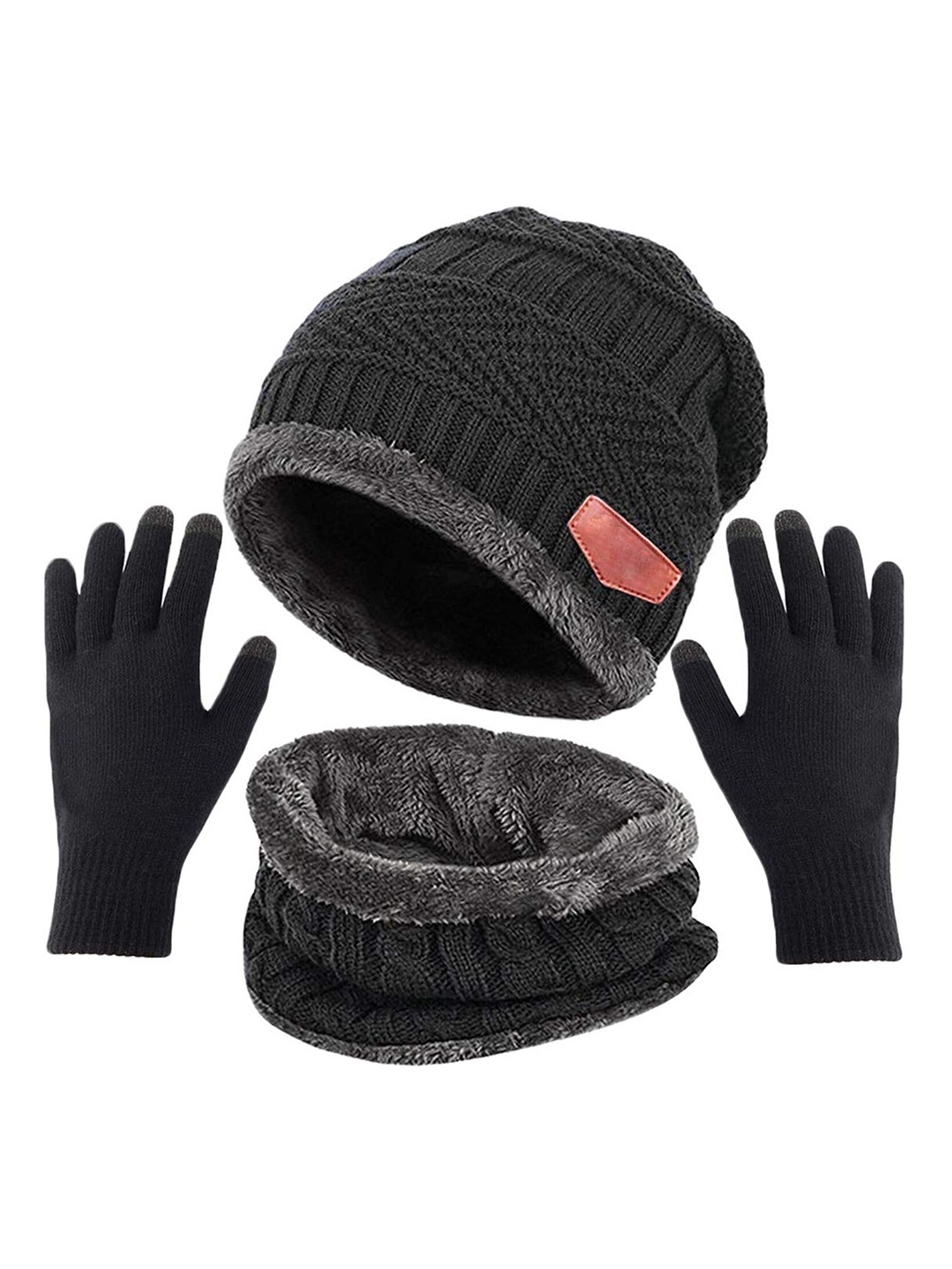 

Aadikart Women Self Design Wool Beanie & Neck Scarve With Gloves, Black