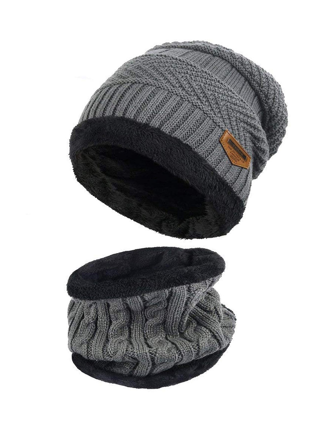 

Aadikart Women Self Design Fleece Lined Wool Beanie & Neck Scarf, Grey
