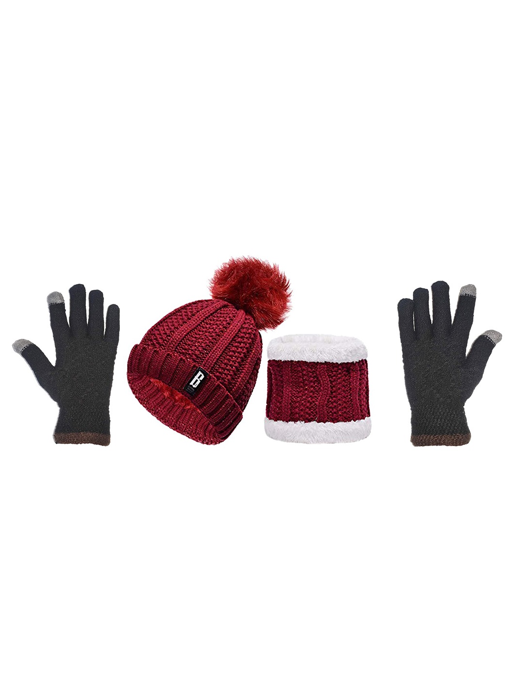 

Aadikart Women Self Design Wool Beanie & Neck Scarve With Gloves, Champagne