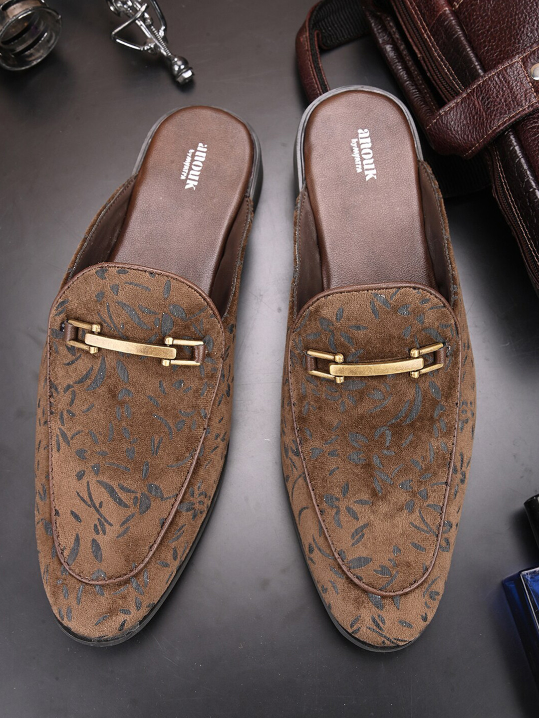 

Anouk Men Brown Printed Embellished Padded Insole Horsebit Mules