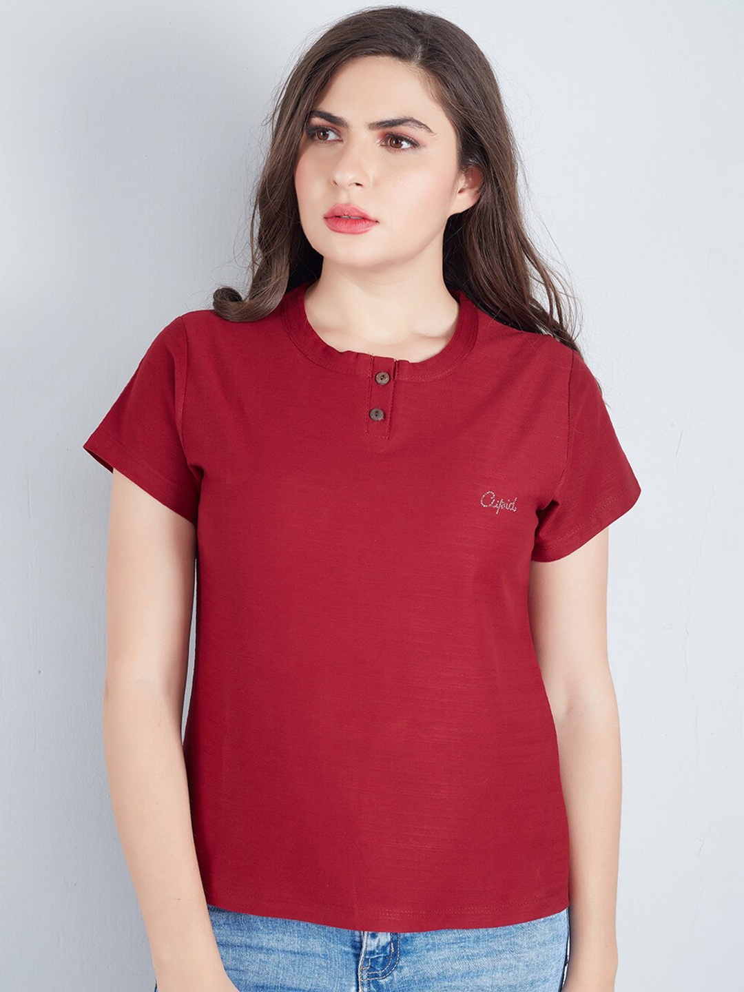

CUPID Henley Neck Short Sleeves Cotton T-shirt, Maroon
