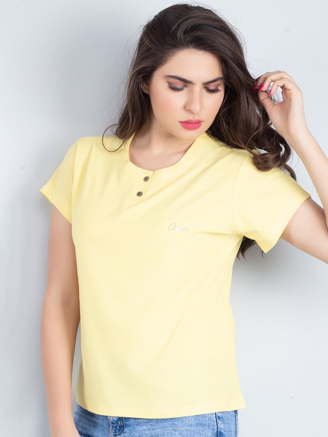 

CUPID Henley Neck Short Sleeves Cotton T-shirt, Yellow