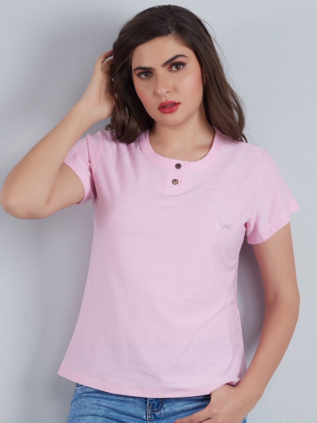 

CUPID Henley Neck Short Sleeves Cotton T-shirt, Pink