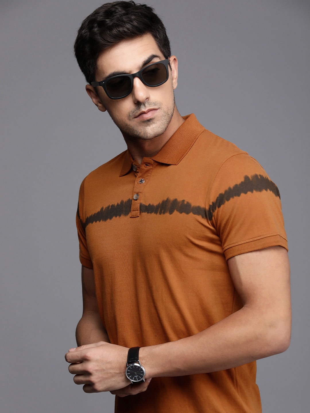 

WROGN Men Pure Cotton Striped Polo Collar Slim Fit T-shirt, Rust