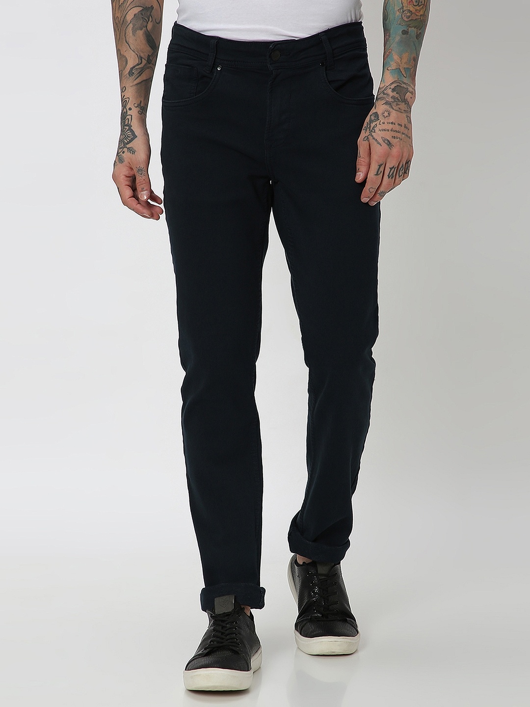 

Mufti Men Cotton Slim Fit Flat-Front Plain Trousers, Navy blue