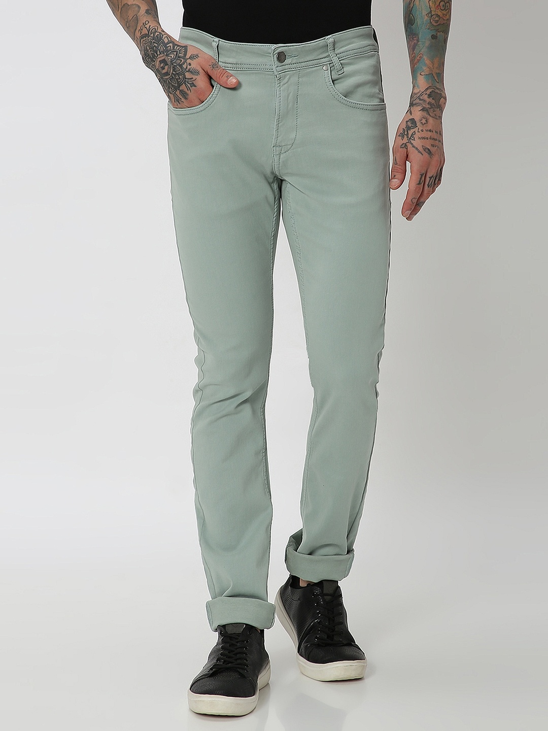 

Mufti Men Cotton Flat-Front Plain Slim Fit Trousers, Green