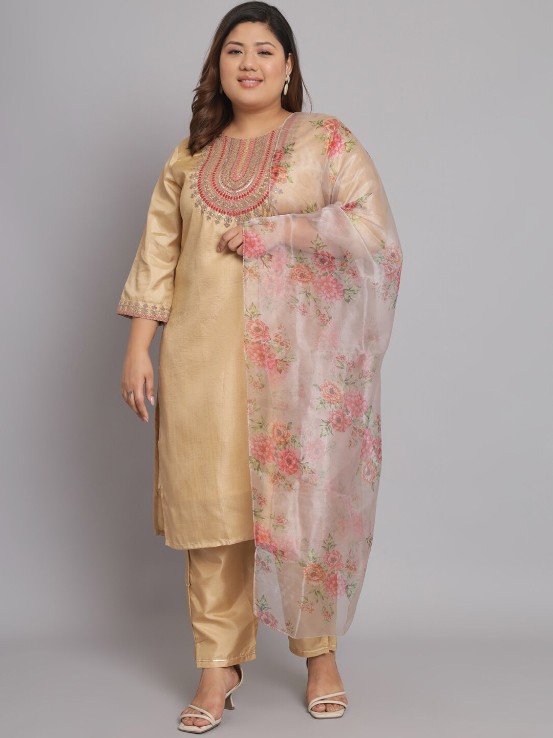 

KALINI Plus Size Ethnic Motifs Embroidered Straight Kurta With Trousers & Dupatta, Beige