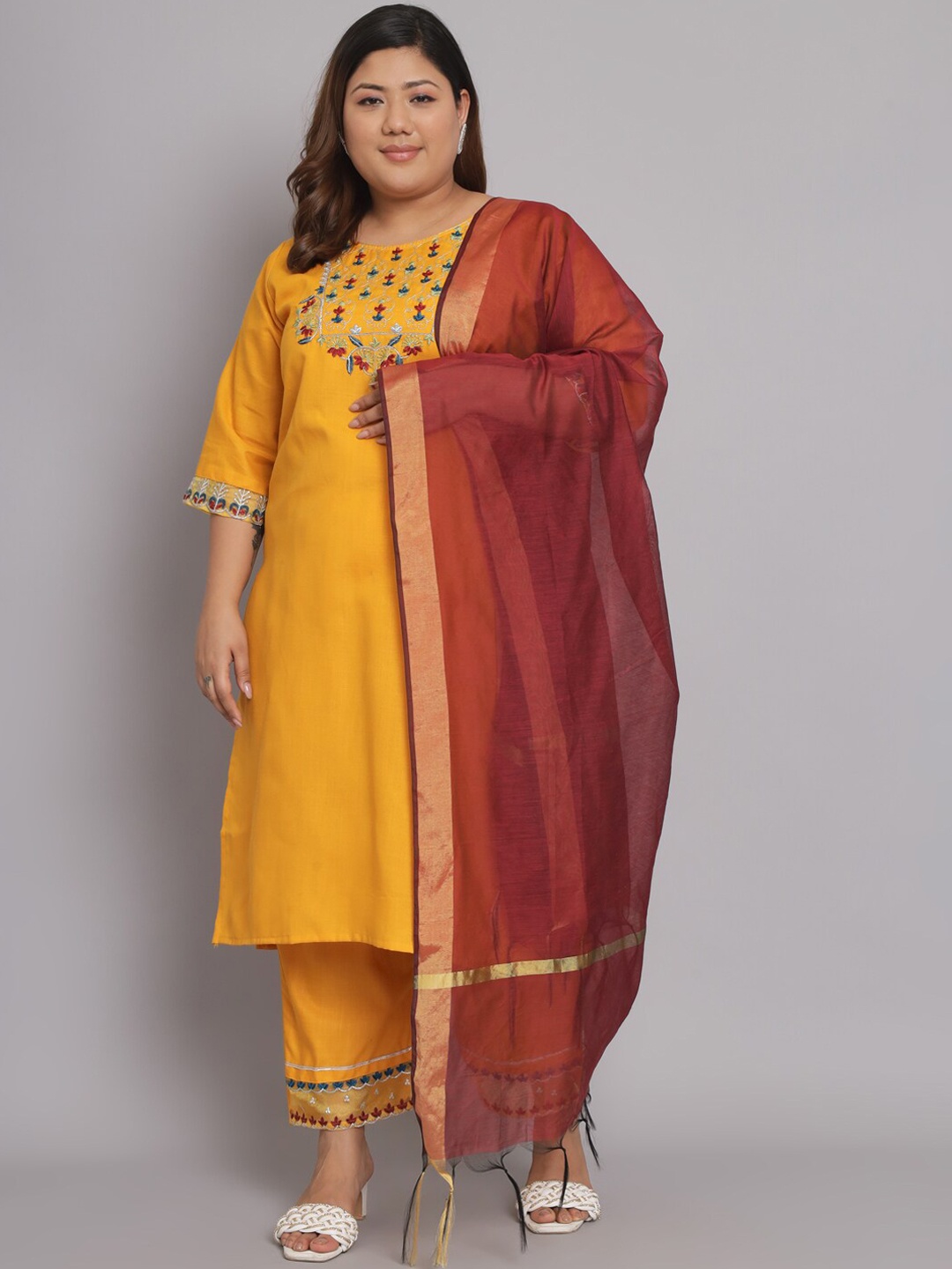

KALINI Floral Yoke Design Thread Work Kurta with Trousers & With Dupatta, Yellow