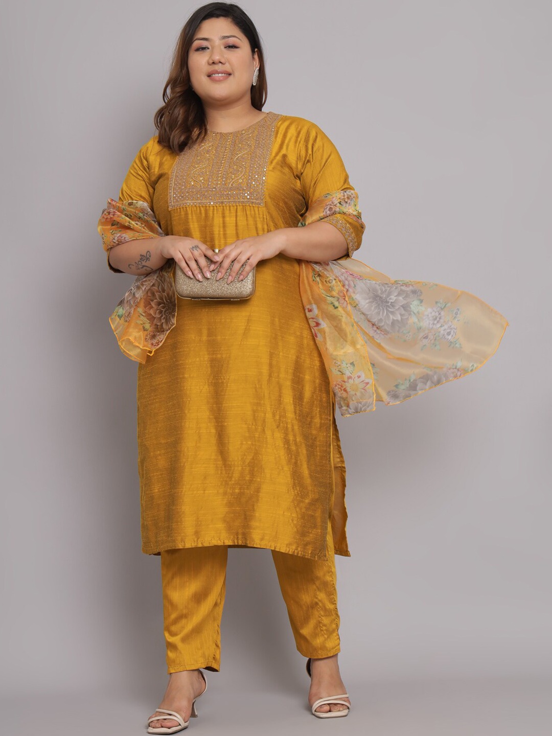 KALINI Women Plus Size Embroidered Regular Kurta with Trousers & With Dupatta, Mustard