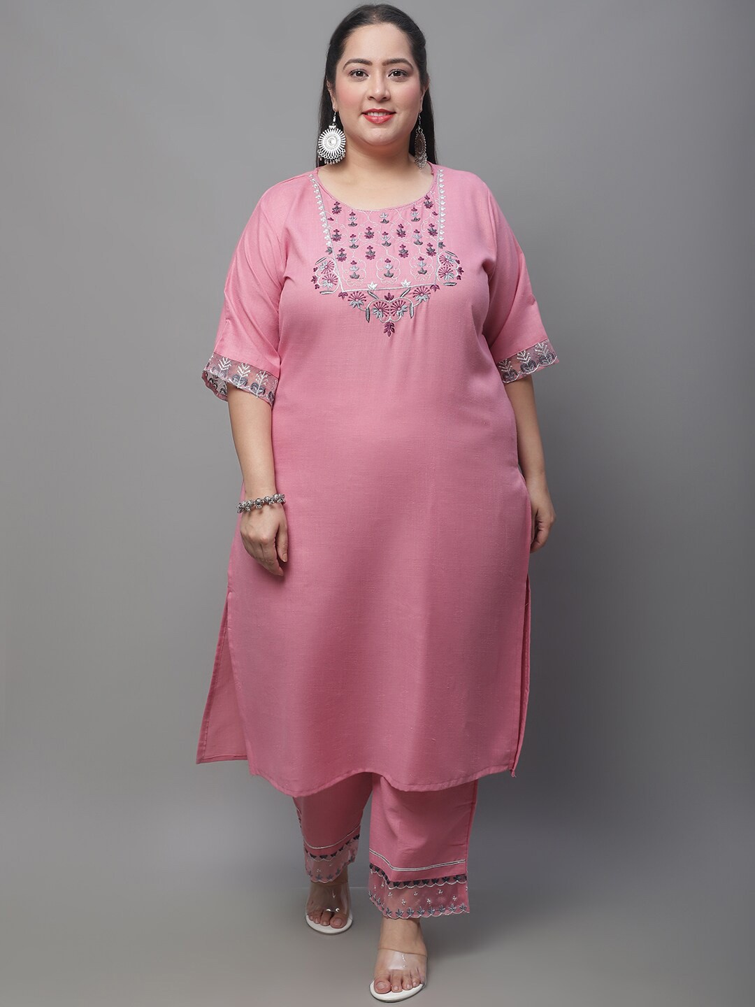 

KALINI Ethnic Motifs Embroidered Thread Work Kurta with Trousers & With Dupatta, Pink