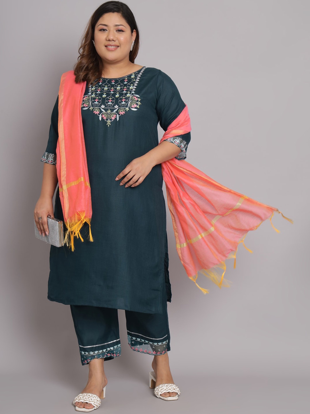 

KALINI Plus Size Floral Embroidered Kurta with Trousers & Dupatta, Blue