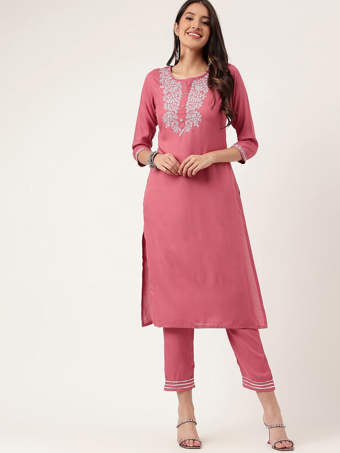 

KALINI Floral Embroidered Gotta Patti Regular Kurta With Trousers, Pink