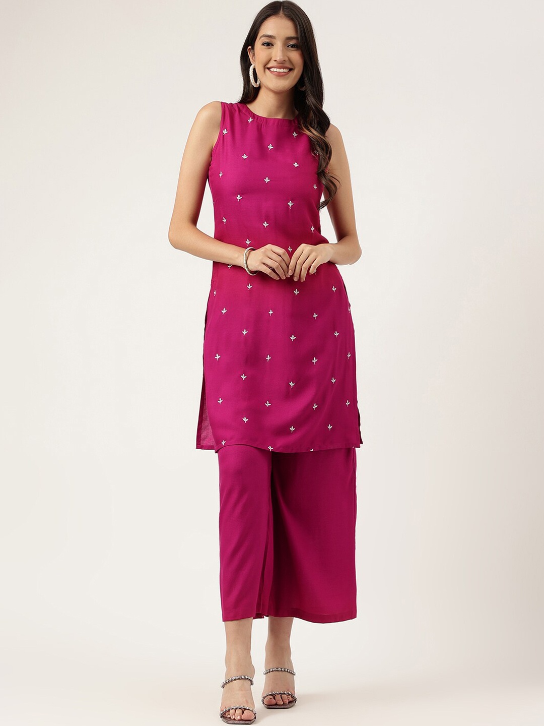 

KALINI Ethnic Motifs Embroidered Regular Kurta with Palazzos, Purple