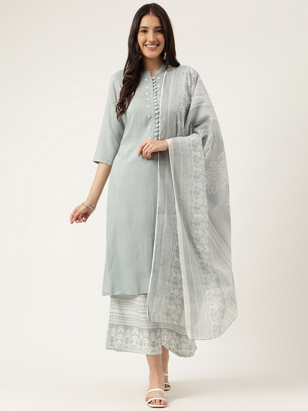 

KALINI Embroidered Regular Kurta with Palazzos & Dupatta, Grey