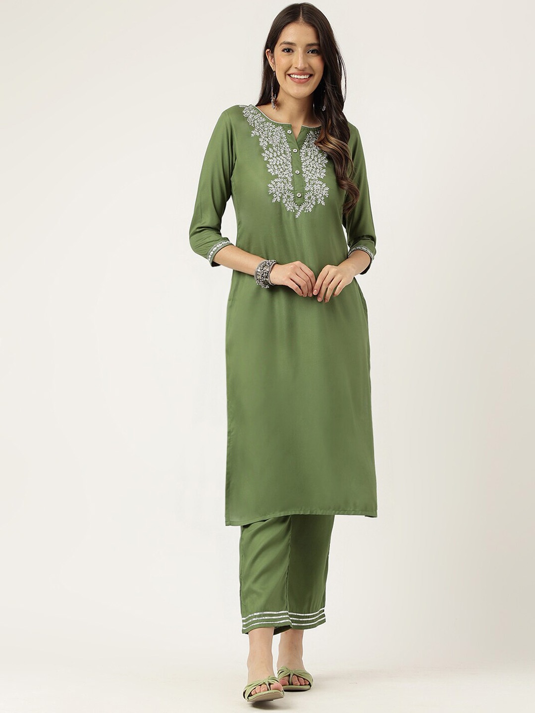 

KALINI Ethnic Motifs Yoke Design Thread Work Kurta With Trousers, Olive