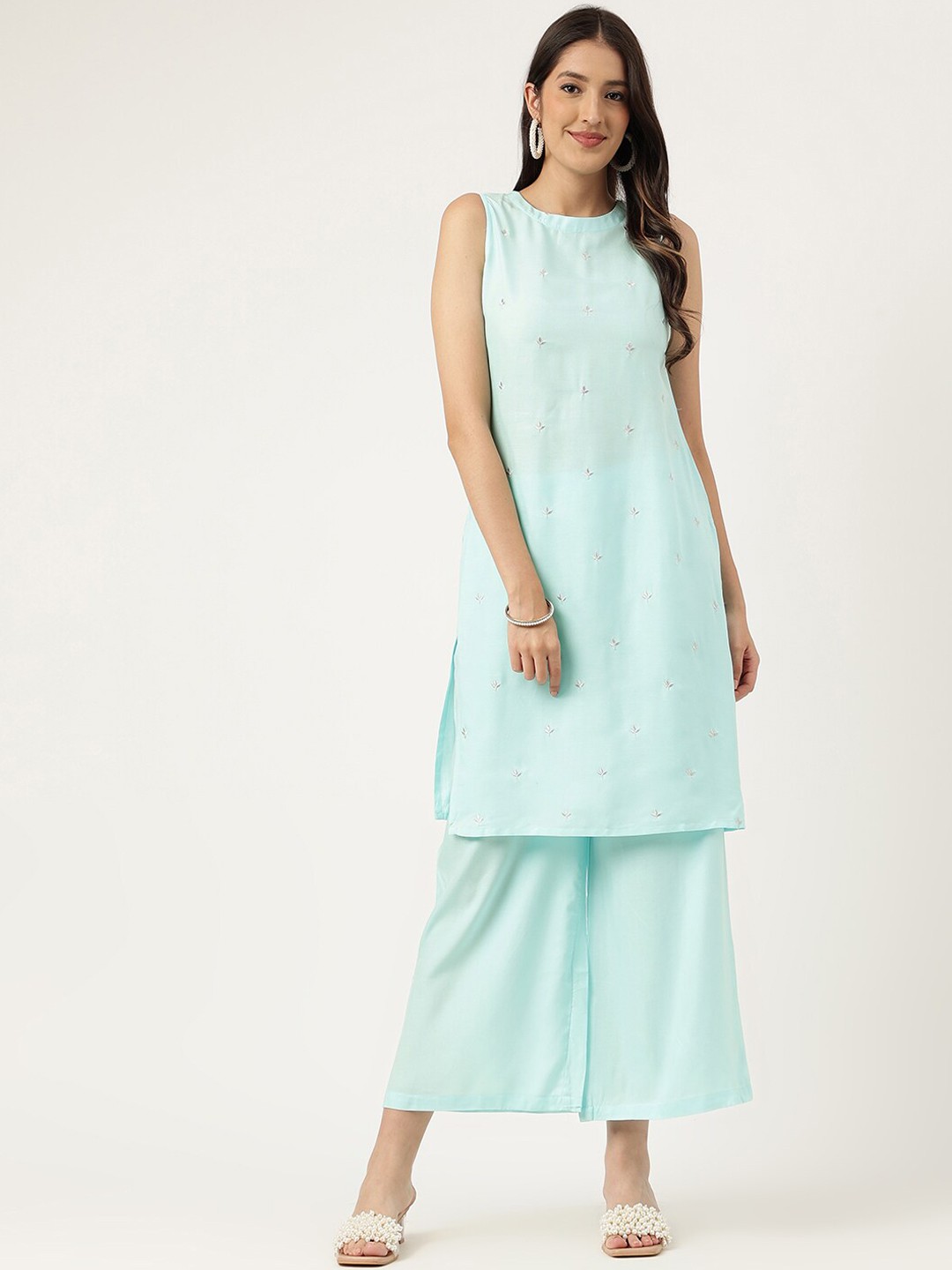 

KALINI Floral Embroidered A-Line Kurta with Palazzos, Sea green