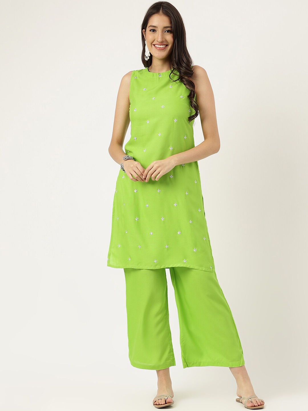 

KALINI Embroidered Thread Work Straight Kurta With Palazzos, Green