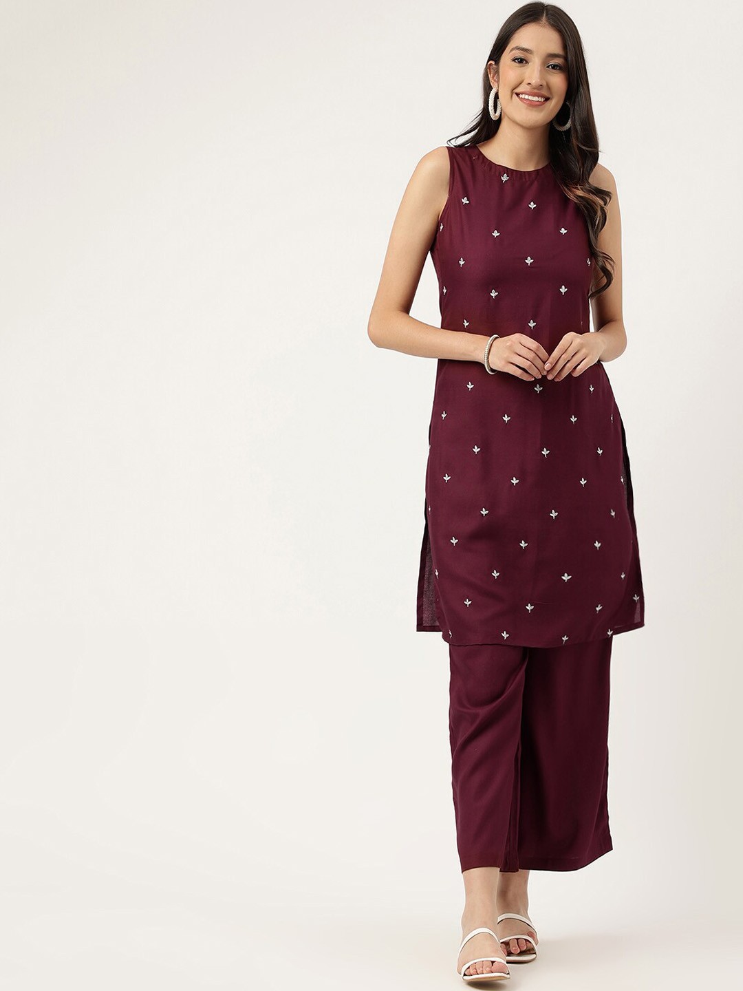 

KALINI Floral Embroidered Regular Kurta with Palazzos, Maroon
