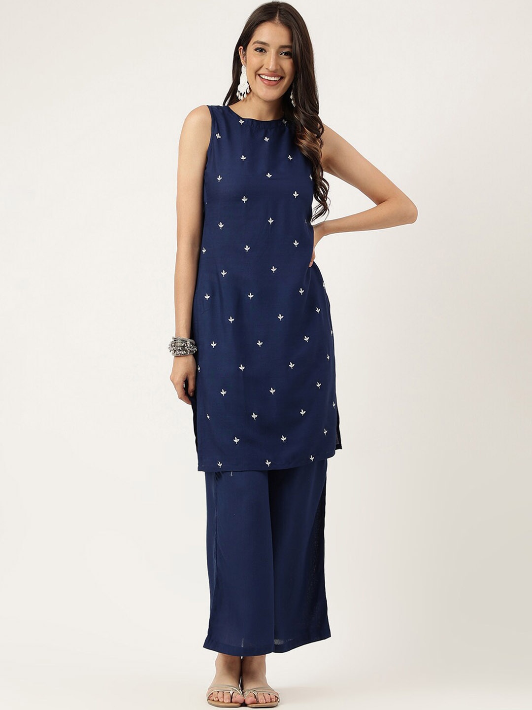 

KALINI Women Embroidered Regular Kurta with Palazzos, Navy blue