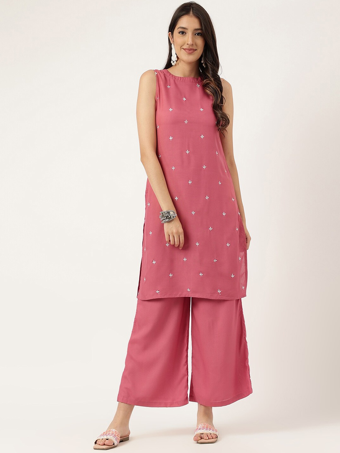 

KALINI Embroidered Regular Thread Work Kurta With Trousers, Pink