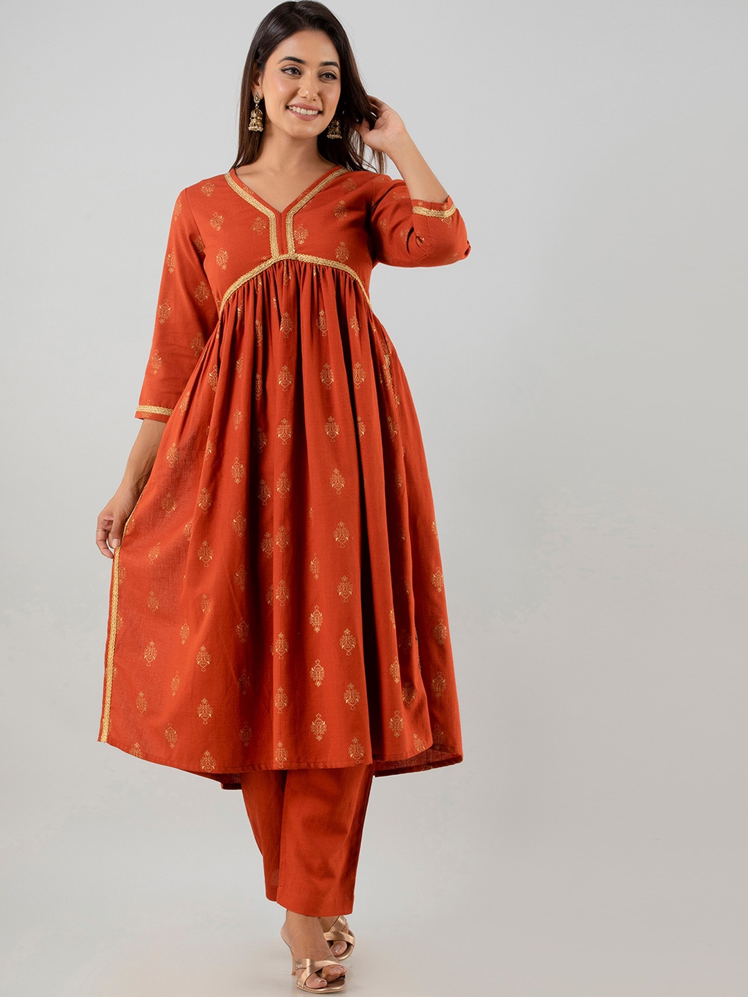 

ADEESHA Ethnic Motifs Printed Pure Cotton Kurta with Trousers, Orange