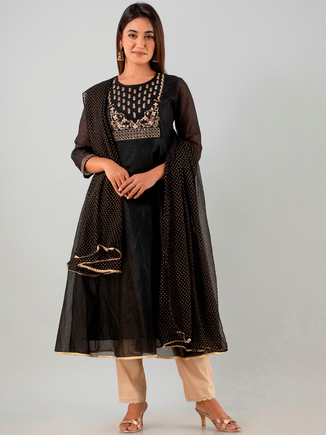 

ADEESHA Ethnic Motifs Embroidered Chanderi Silk Kurta with Palazzos & Dupatta, Black