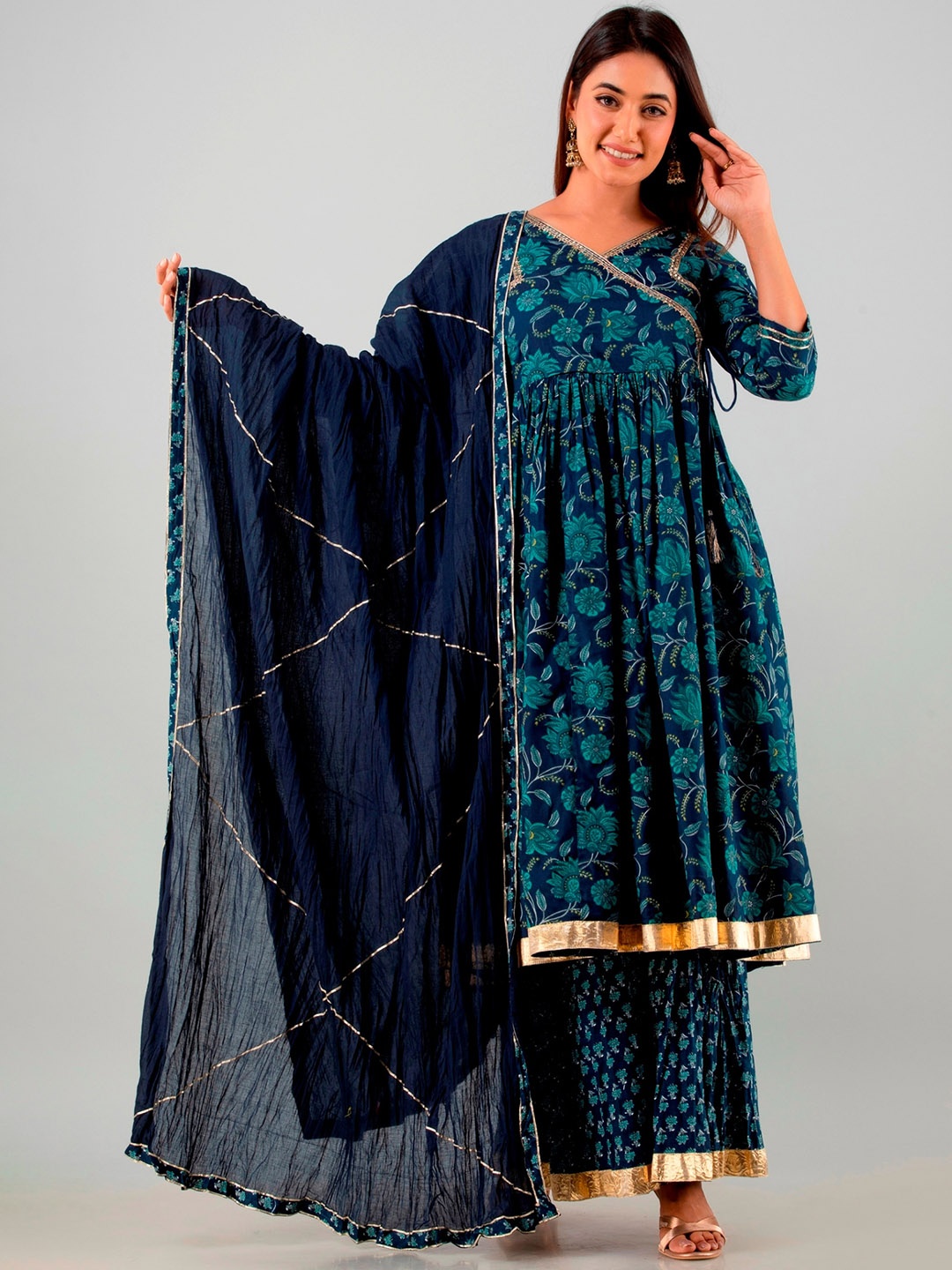 

ADEESHA Floral Printed Angrakha Kurta with Palazzos, Navy blue