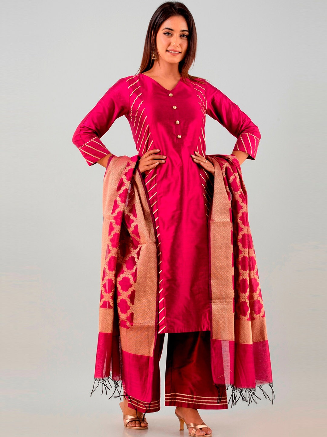 

ADEESHA Striped Kurta with Palazzos & Dupatta, Pink