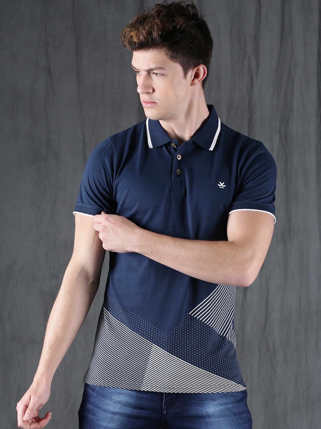 

WROGN Men Navy Printed Polo Collar Pure Cotton T-shirt, Navy blue