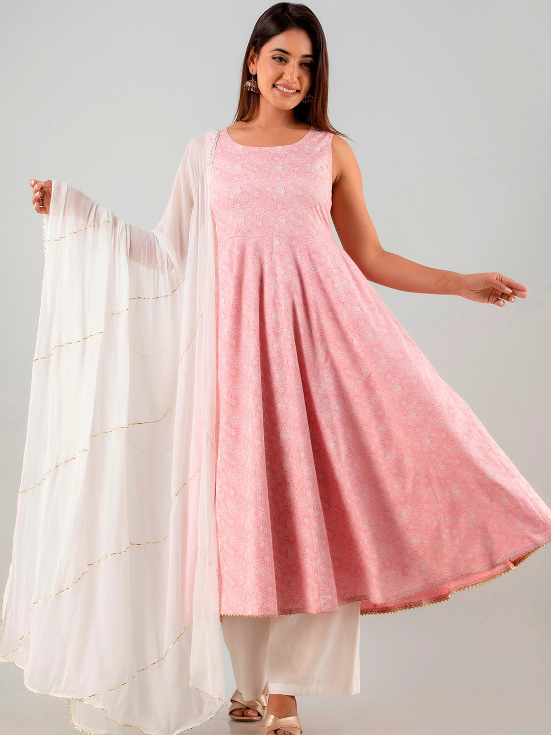 

ADEESHA Ethnic Motifs Printed Gotta Patti Anarkali Kurta With Palazzos & Dupatta, Pink