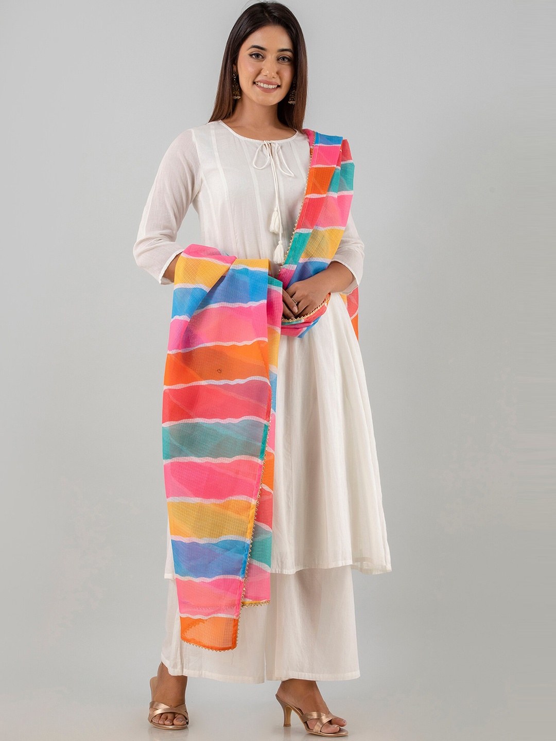 

ADEESHA Tie UP Neck Gotta Patti Regular Pure Cotton Kurta With Palazzos & Dupatta, White